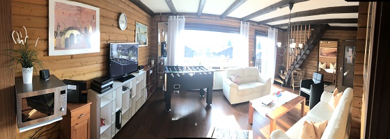 Ferienwohnungen Schmidt: Wohnzimmer OG 68 mit Tischfußball und Ledercoutsch